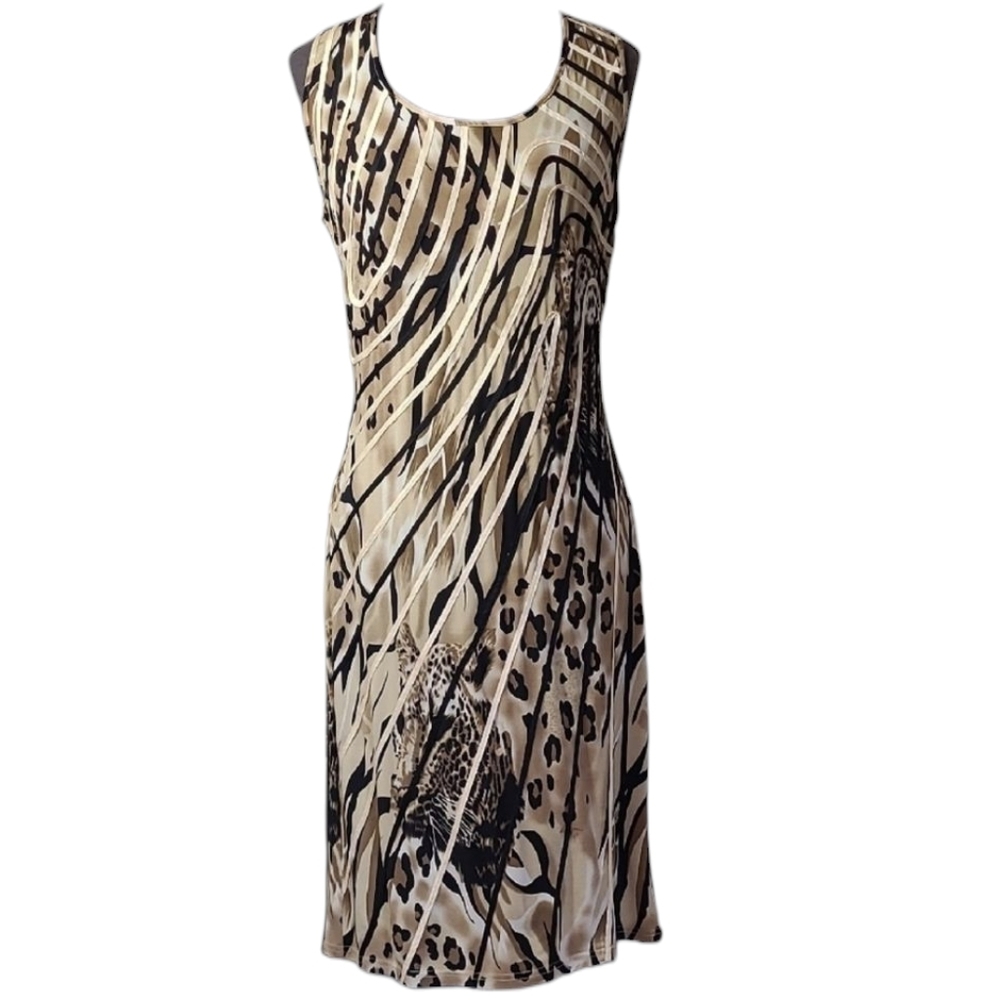 Frank Lyman Design Tan Sheath Midi Dress Big Cat Animal Print